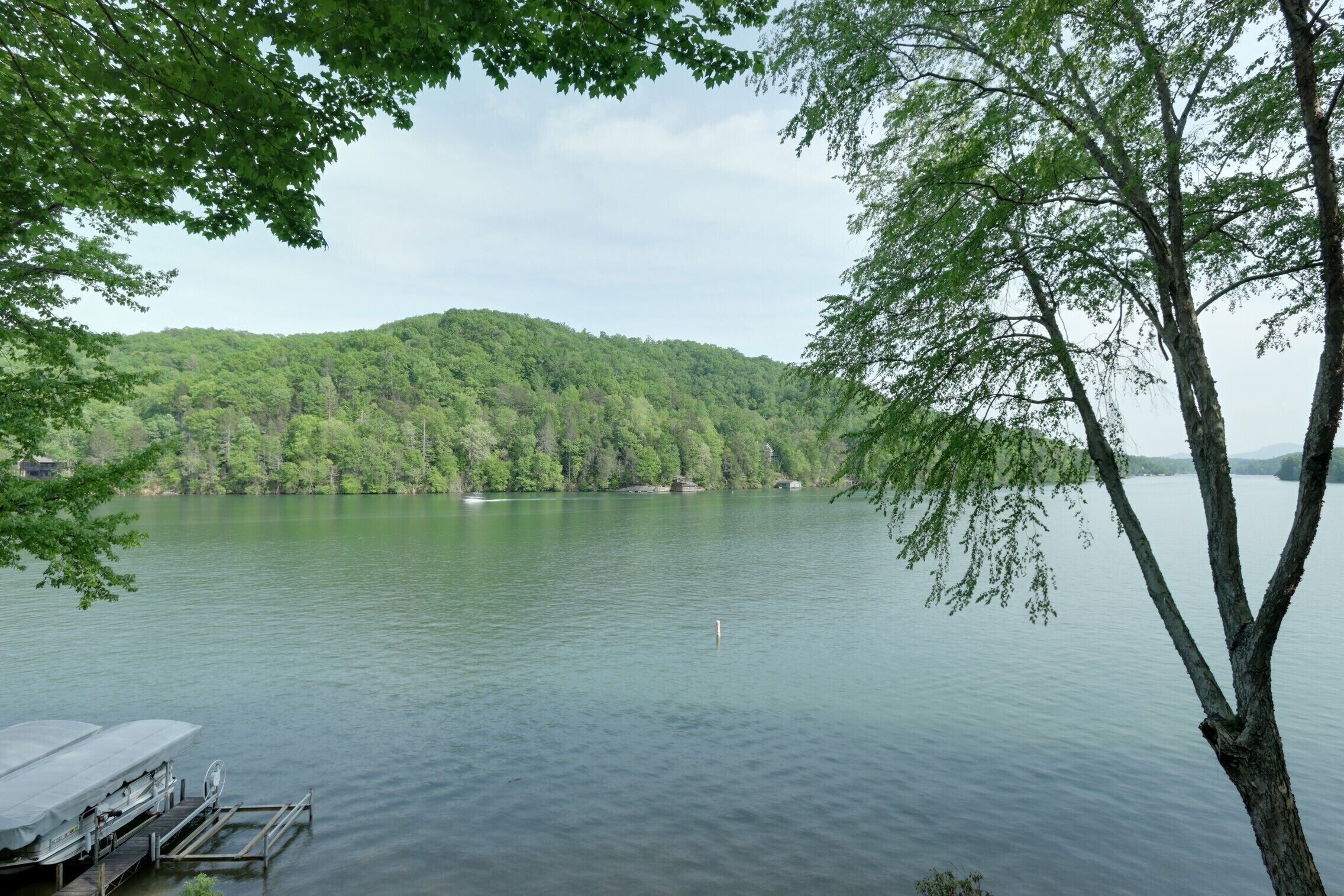 A lake with a dock and a boat, surrounded by dense forest and hills.