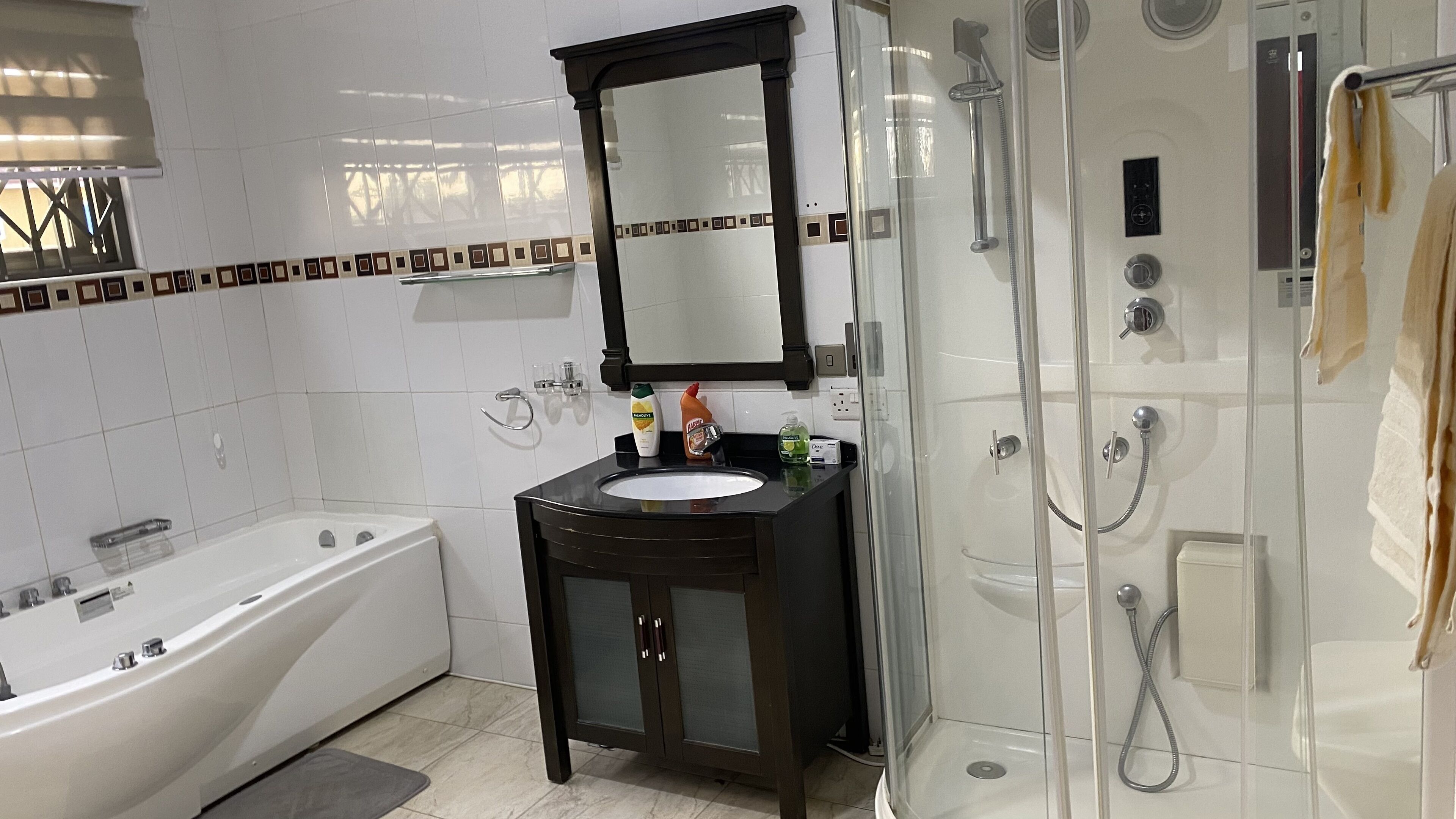 Bathtub, hair dryer, towels, soap