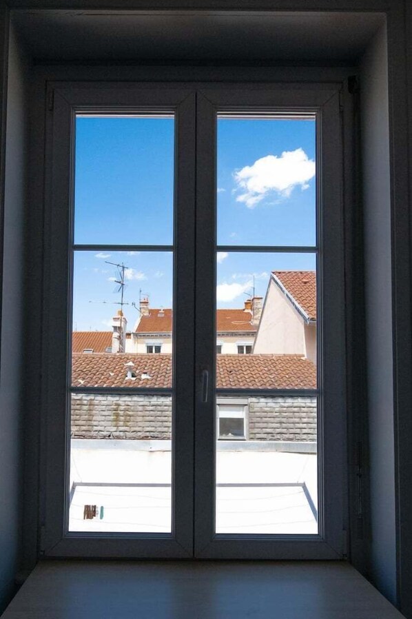A double door with a clear view of a residential area outside, including houses and a tiled roof.