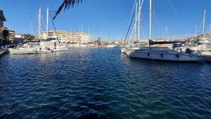 A marina with multiple sailboats docked, a building with balconies in the background, and clear blue skies.