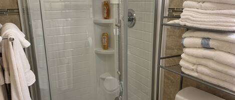 Shower, hair dryer, towels, soap