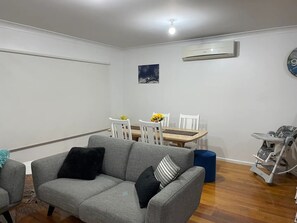 Smart TV, fireplace, books