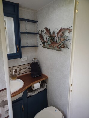 Un baño pequeño con un tocador de madera, un inodoro blanco y un adorno en la pared.