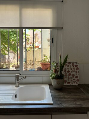 Bathroom features a sink, window, and balcony with potted plants.