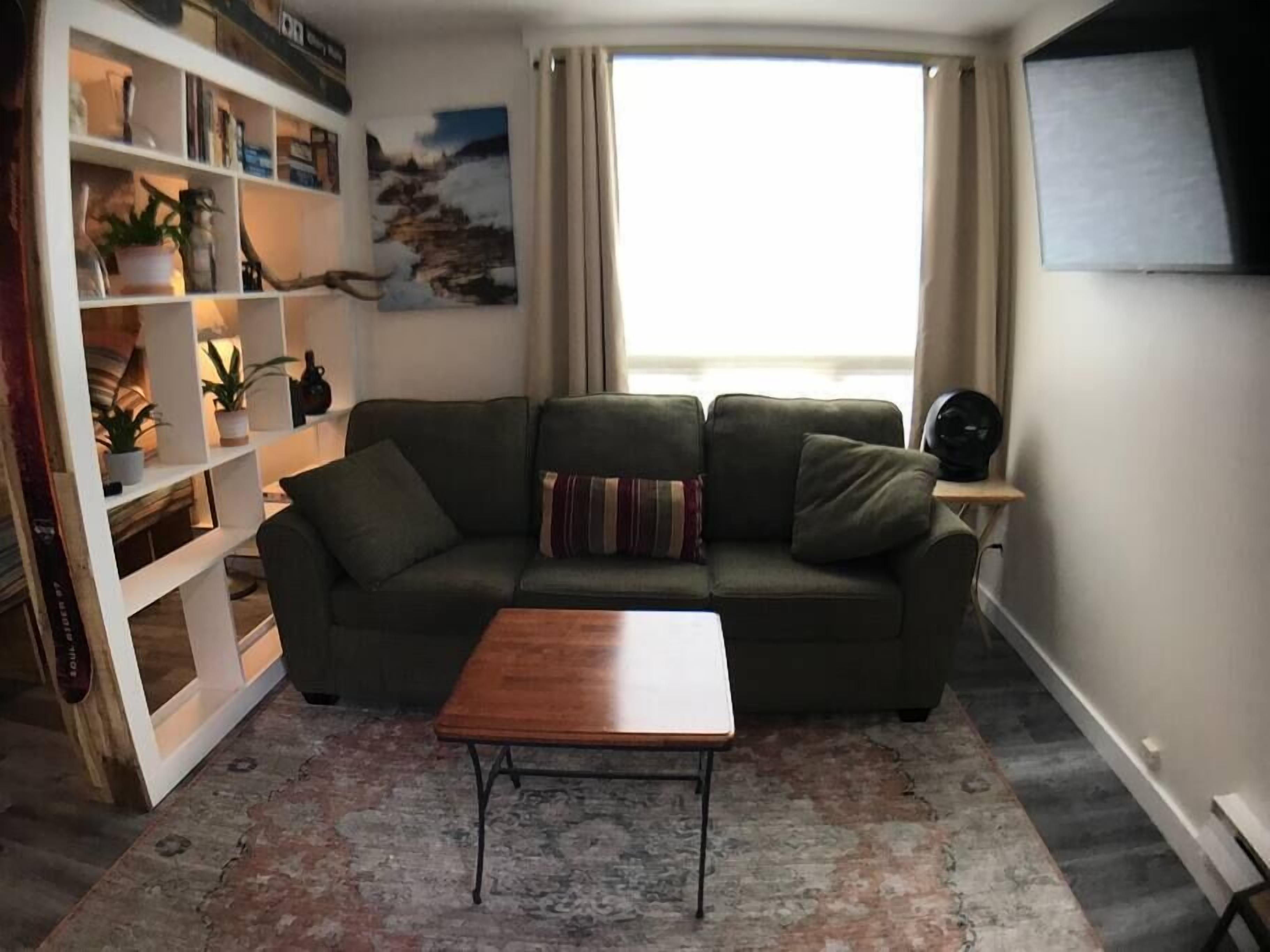 Un salon avec un canapé vert, une table basse en bois, une bibliothèque et un tableau accroché au mur.