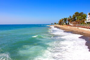 Enjoy a serene beachside escape with a wooden fence and palm trees.