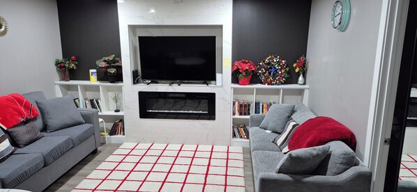 Smart TV, fireplace, books