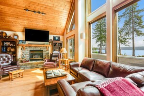 TV, fireplace, books