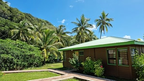 A wooden cabin with a green roof, surrounded by lush greenery and palm trees, set against a clear blue sky. - Oasis de Kiamu (Lifou)