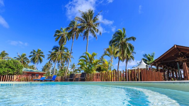 A clear blue pool surrounded by palm trees and a wooden fence. - Oasis de Kiamu (Lifou)