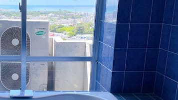 Separate tub and shower, deep soaking tub, hydromassage showerhead