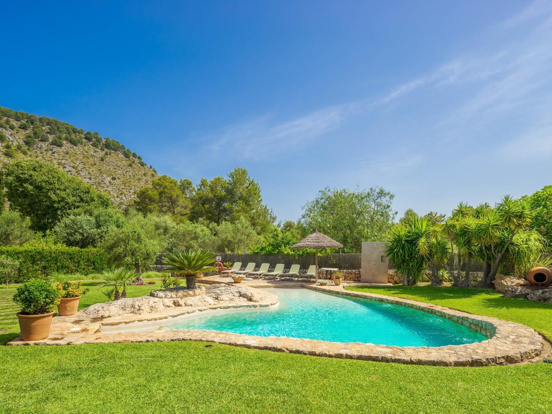 A swimming pool surrounded by a stone deck, with lounge chairs and a small thatched-roof structure.