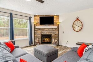 Televisión, chimenea y reproductor de DVD 