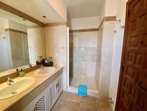 Bathtub, hair dryer, bidet, towels