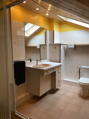 Combined shower/bathtub, hair dryer