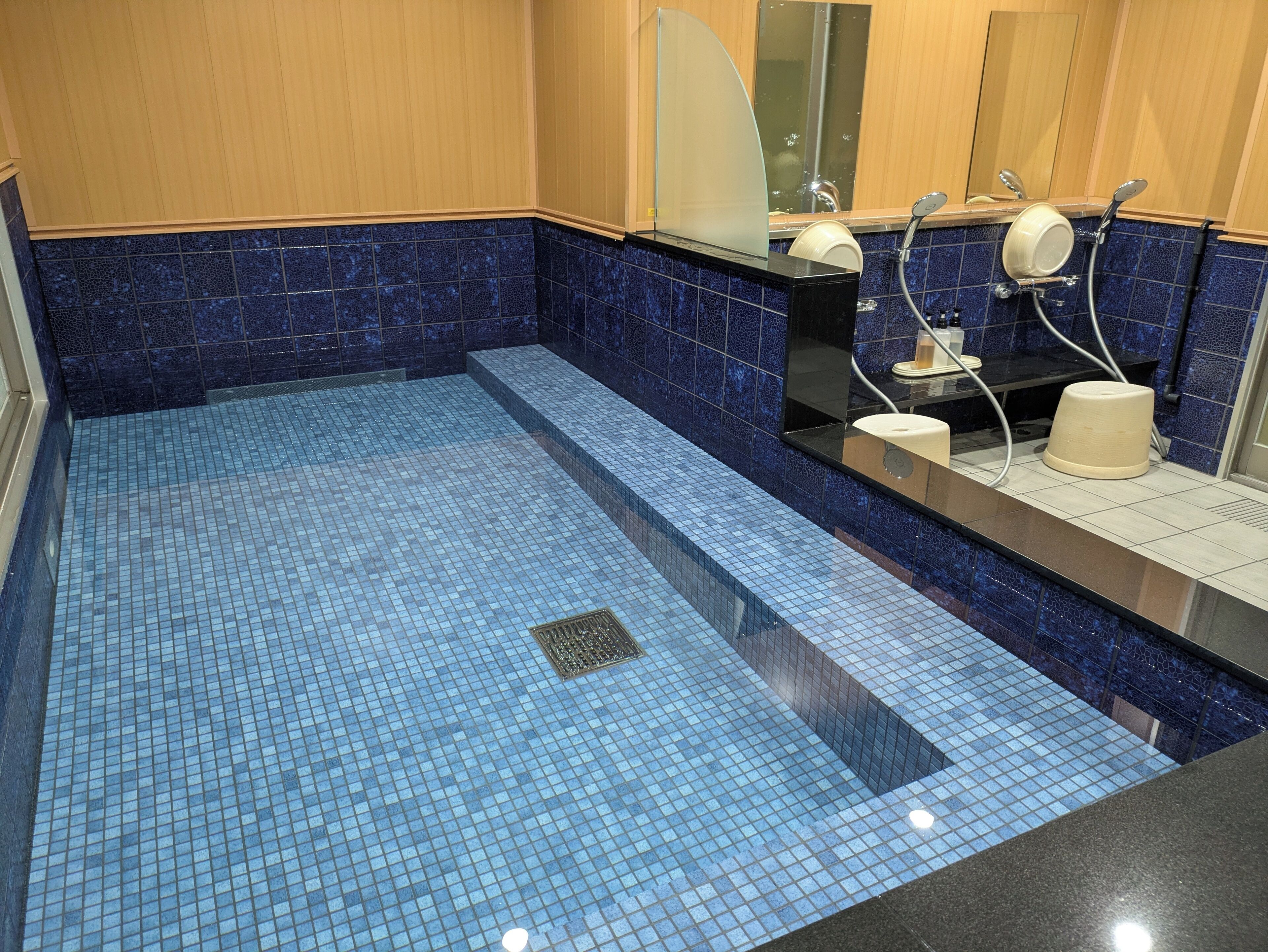 A swimming pool with blue mosaic tiles, a glass partition, and a shower area with a mirror and towel rack.