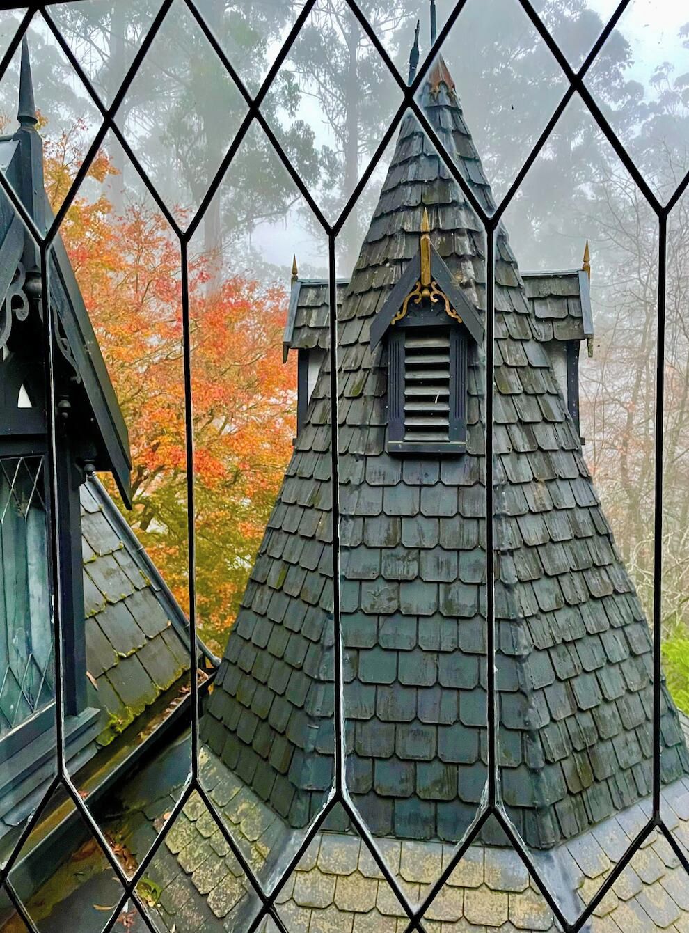 A building with a steep, dark shingled roof and a small window with a decorative frame.