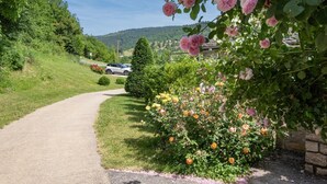 Ein gepflasterter Weg führt zu einem Haus mit einem Rosengarten und einer Hügelkulisse im Hintergrund.