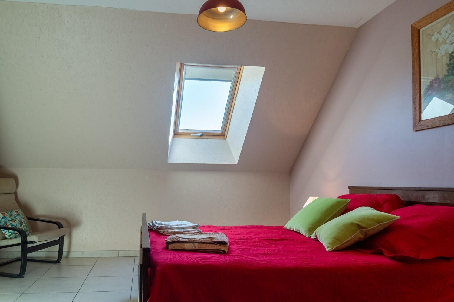 A bedroom with a sloped ceiling, a skylight, a bed with red bedding, a chair, and a framed picture on the wall.