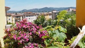 Een balkon met roze bloemen, een uitzicht op gebouwen en bergen in de verte.