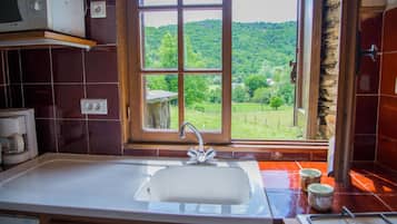 Fridge, microwave, dishwasher, cookware/dishes/utensils