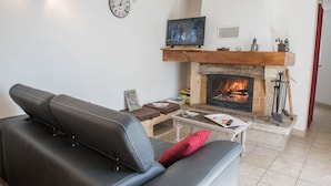 Un salon avec une cheminée, un canapé, une table basse et un téléviseur.