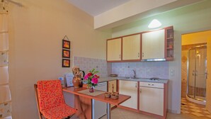 Una cocina compacta con zona de comedor, horno empotrado y cabina de ducha.