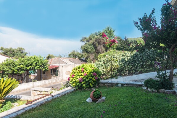 A residential area with a well-maintained lawn, a stone pathway, and a variety of flowering plants.
