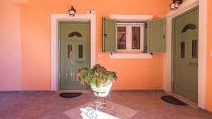 Un pasillo con una planta en maceta, dos puertas y una ventana con contraventanas.