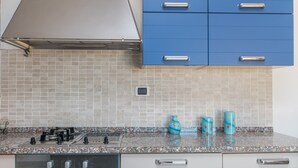 A kitchen with a gas stove, stainless steel oven, blue cabinets, and a tiled backsplash.