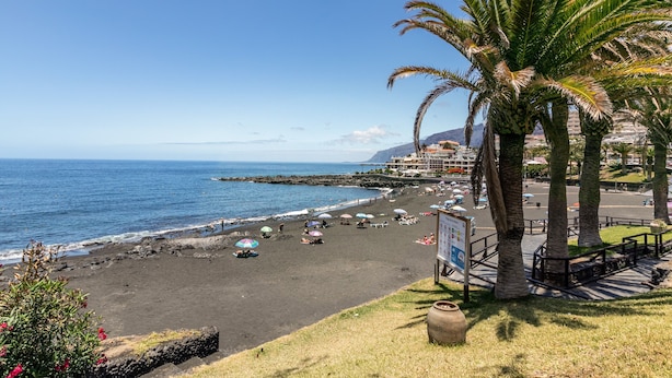 Una playa con sombrillas, palmeras y una costa rocosa.