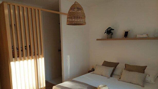 A bedroom with a bed, a bedside table, a hanging light, a shelf with books and a plant, and a sliding door.