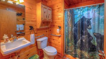 Combined shower/tub, hair dryer, towels, soap