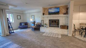 TV, fireplace, books