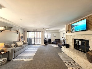 TV, fireplace, books
