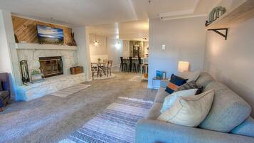 Televisión, chimenea y libros