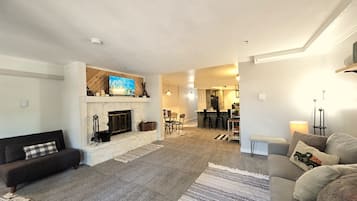 TV, fireplace, books
