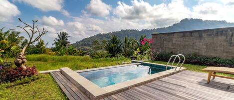 A swimming pool with a wooden deck, surrounded by tropical vegetation and a mountain backdrop.