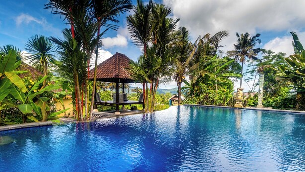 Una piscina azul cristalina rodeada de exuberante vegetación tropical y un pabellón.