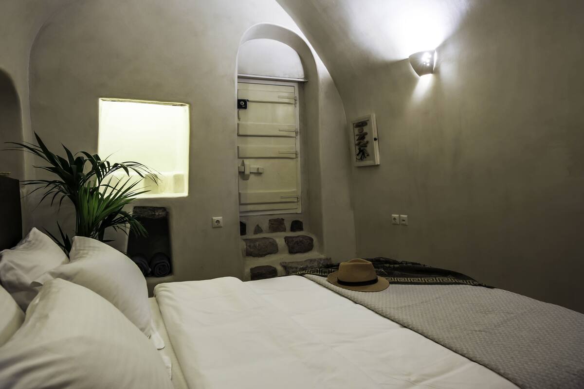 A bedroom with two beds, a potted plant, a hat, and a stone wall.