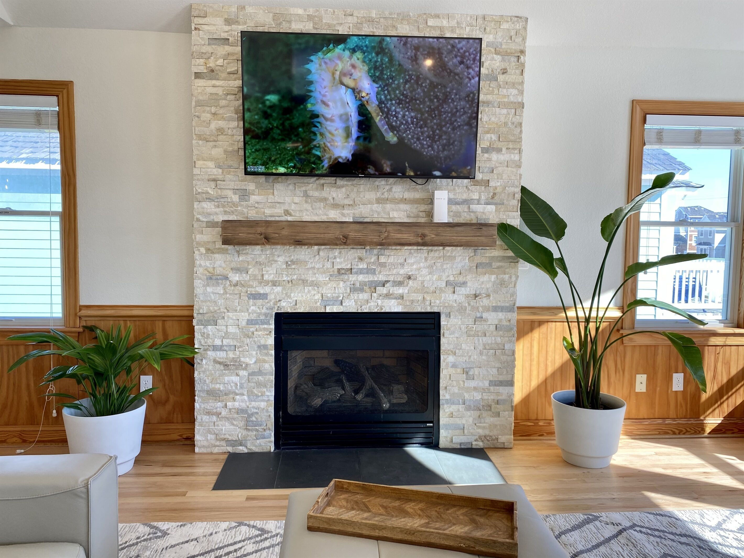 A living room with a stone fireplace, a mounted TV, and potted plants.