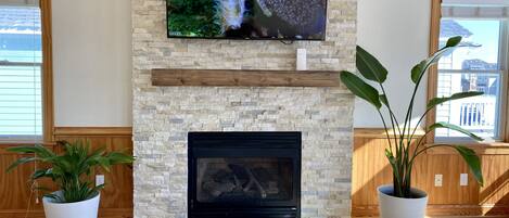 A living room with a stone fireplace, a mounted TV, and potted plants.