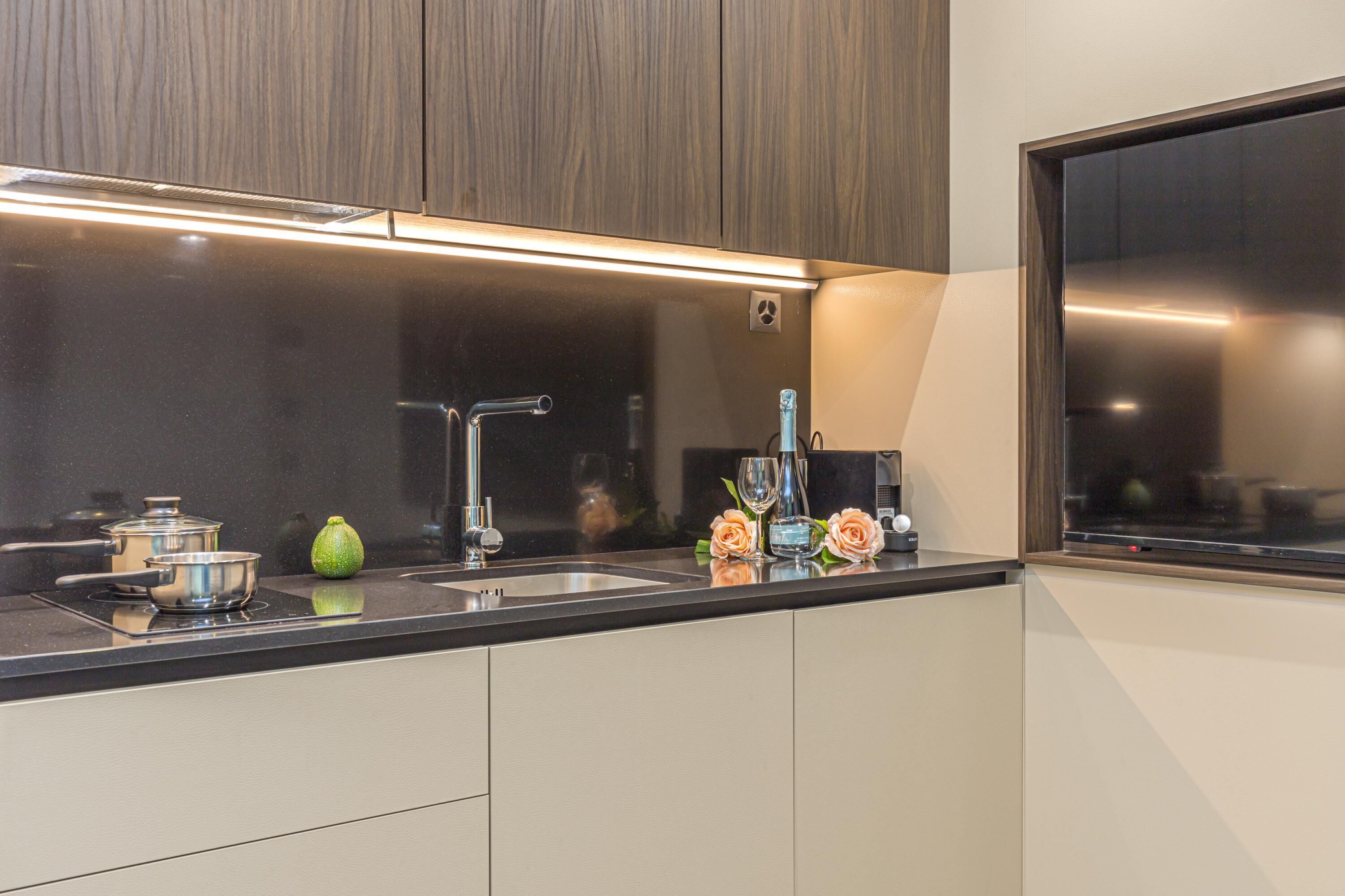 Family Studio (ICON H Lugano 303 Suite Micro-Living) | Private kitchen | Fridge, microwave, stovetop, espresso maker