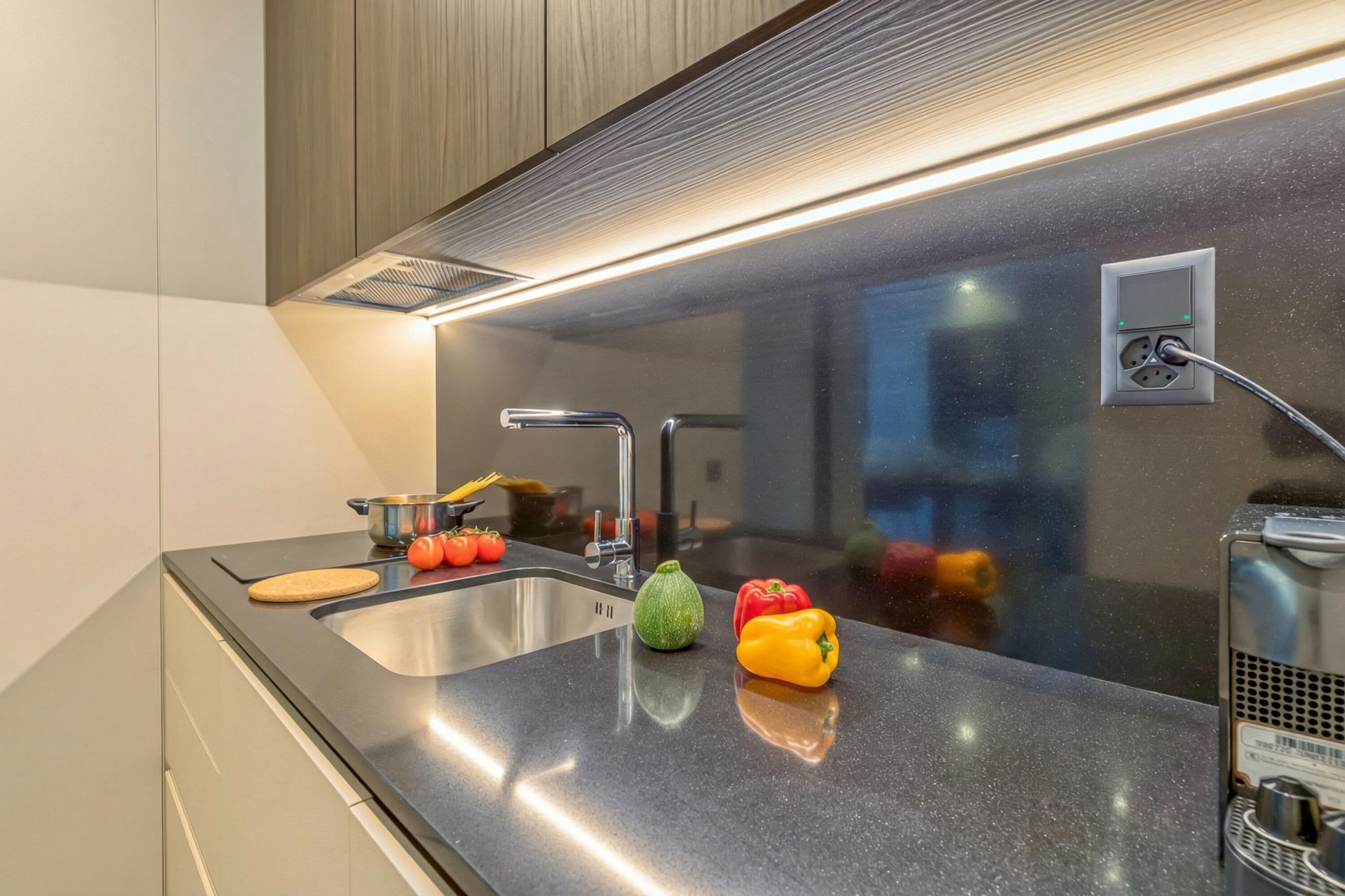 A modern kitchen with a stainless steel sink, a built-in range hood, and a countertop with a cutting board, tomatoes, and bell peppers.