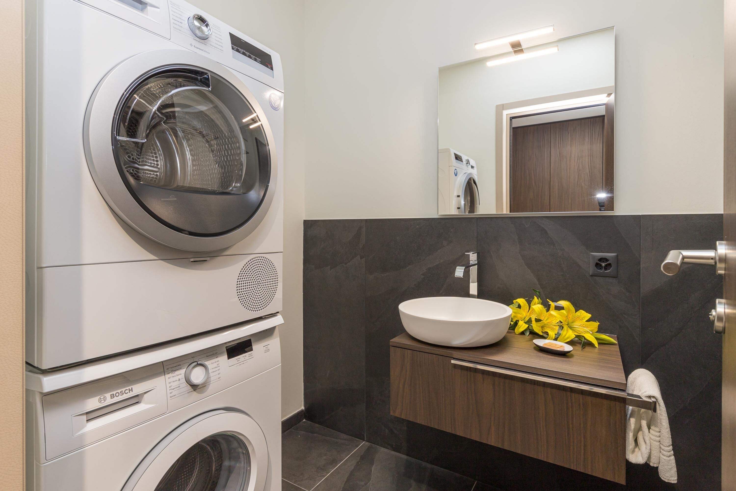 Une salle de bain moderne équipée d’un lave-linge Bosch, d’un lavabo avec un grand bac et d’un miroir au-dessus du lavabo.