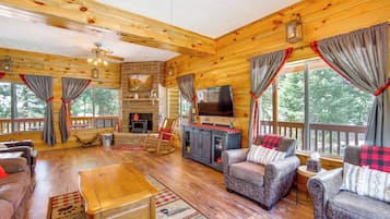TV, fireplace, books