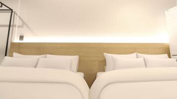 Habitación de hotel con dos camas, cabecera de madera y una lámpara fijada a la pared.