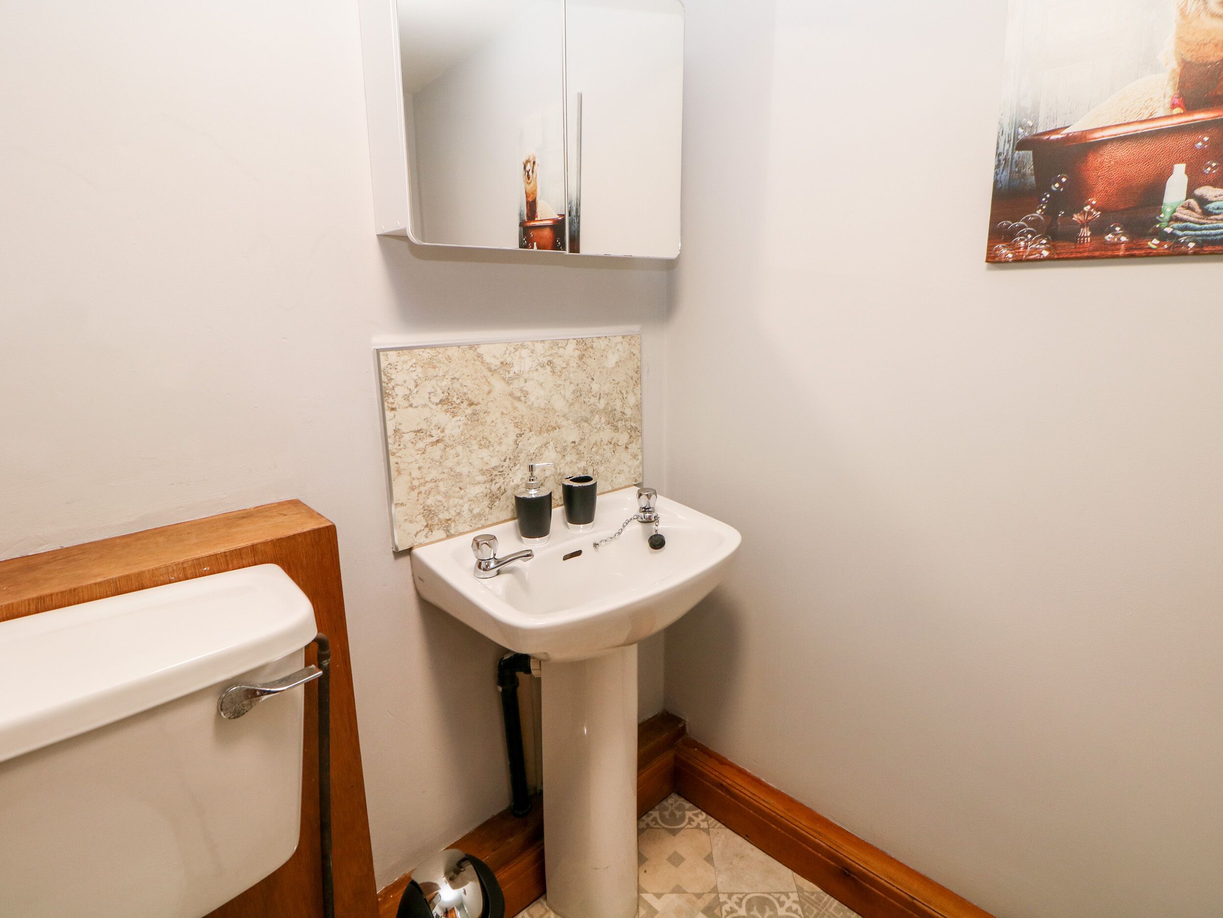 Un bagno con un water bianco, un lavabo su piedistallo con una schiena di marmo, un pavimento in legno e un armadietto bianco sopra il lavabo.