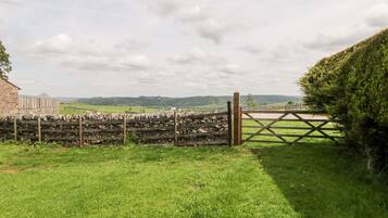 A rural landscape with a stone wall, a wooden gate, and a grassy field.