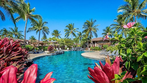 A resort pool with palm trees, lounge chairs, and tropical plants. - Colony Villas At Waikoloa Beach Resort #1305 3 Bedroom Villa by RedAwning (Waikoloa)